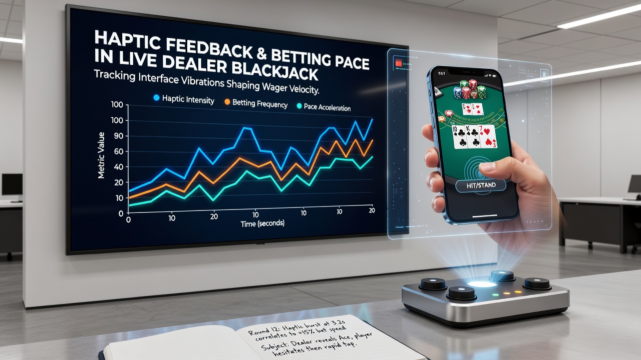 Close-up view of a smartphone screen during a live blackjack round with haptic settings menu visible